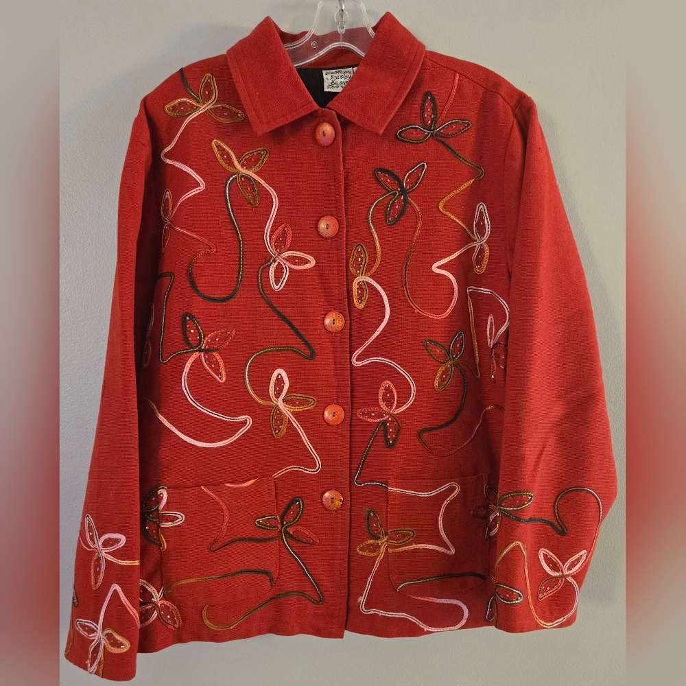 Vintage‎ Parsley & Sage Deep Red Cotton Blazer W Threaded Beade Design Size L